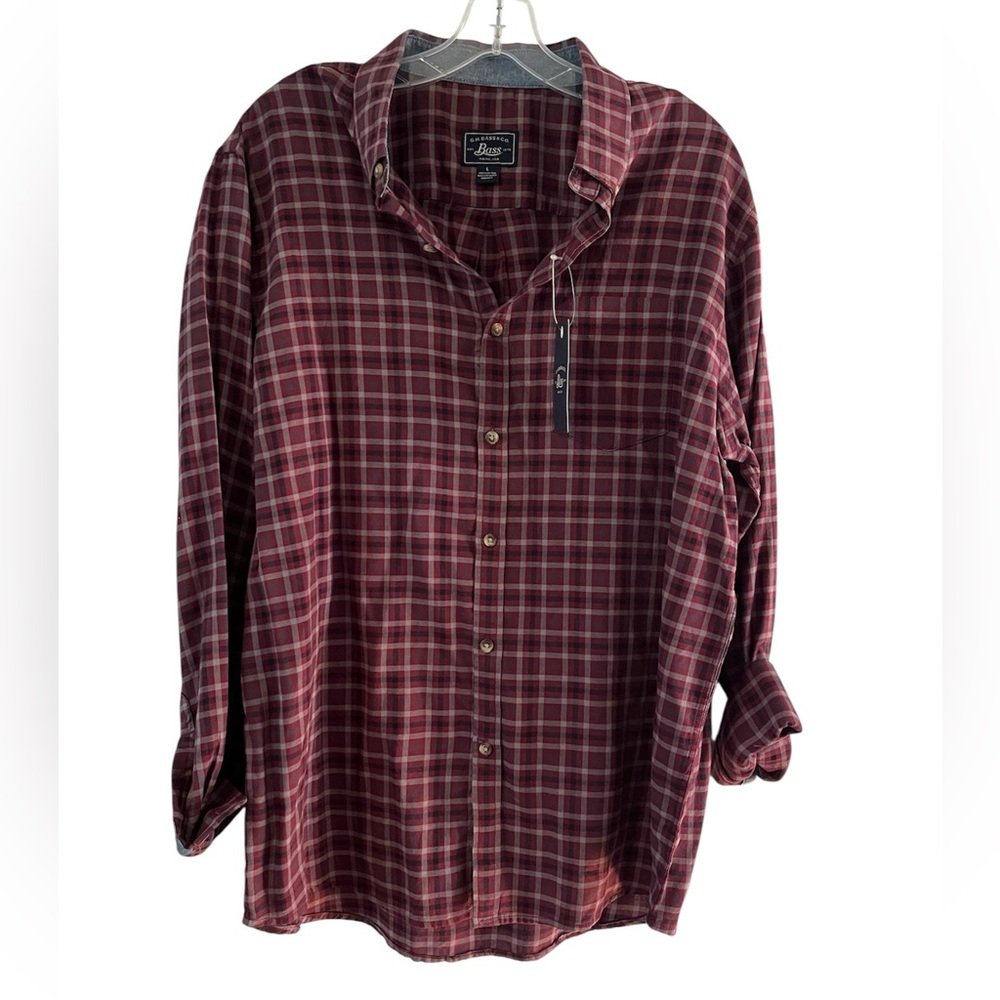 GH Bass - Classic Plaid Men's Button Down Shirt - Maroon / Black / Gray - Size L